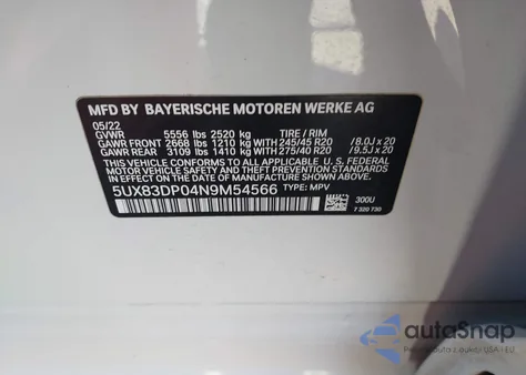 2022 BMW X3 M40I z USA, uszkodzony, nr VIN 5UX83DP04N9M54566